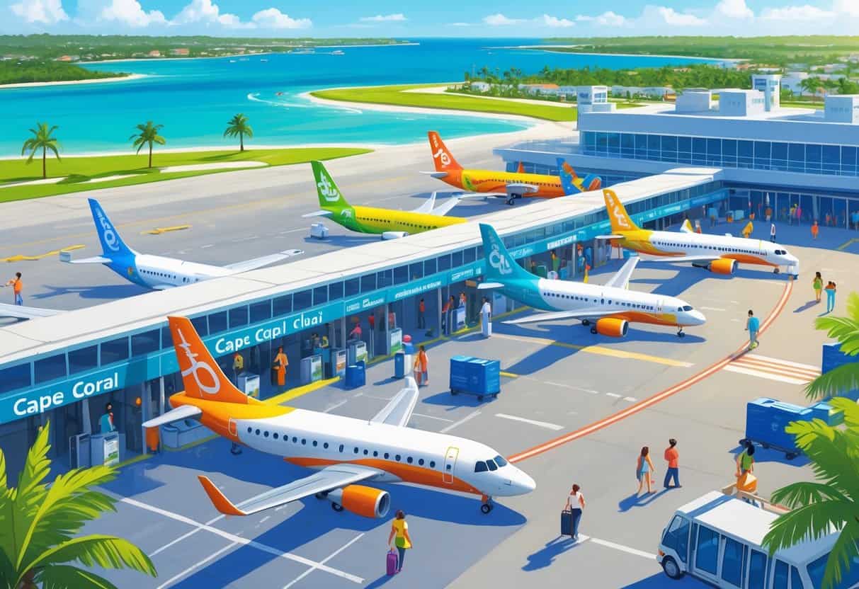 Airport scene with colorful airplanes, passengers, and coastal landscape representing budget airlines in Cape Coral, Florida.