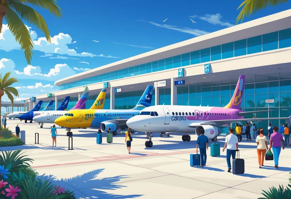 An airport scene with budget airplanes parked at gates near a terminal, palm trees, and passengers boarding planes in a sunny coastal setting.