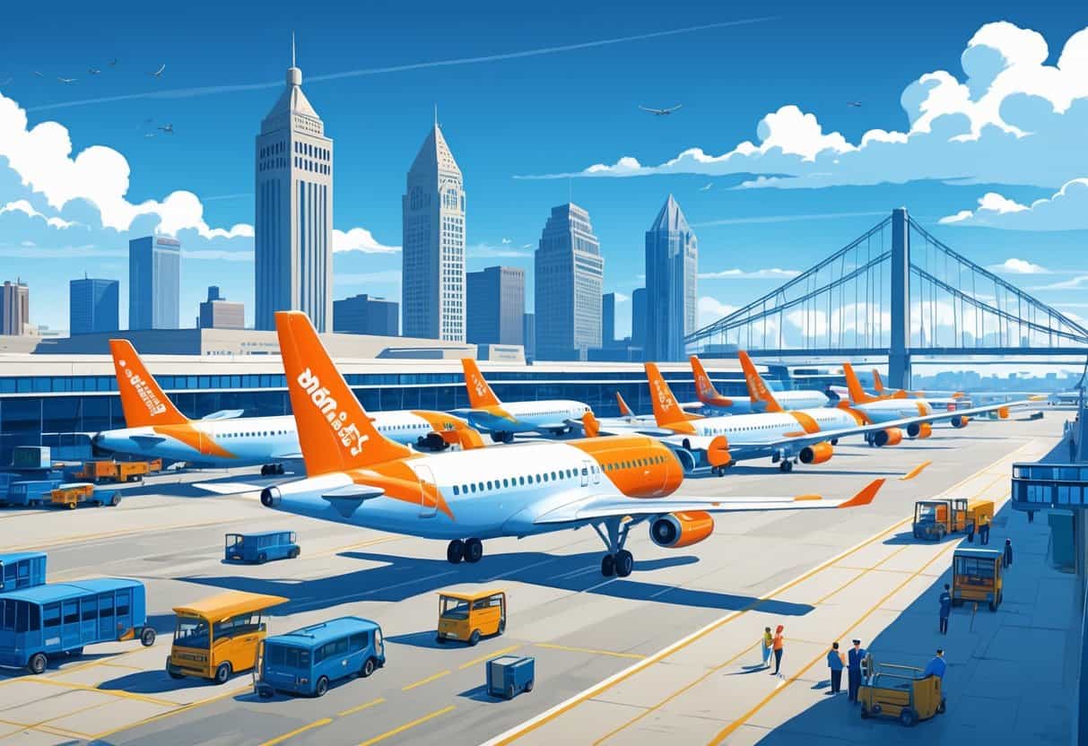 An airport scene in Cincinnati with budget airplanes on the runway and the city skyline in the background, showing travelers and airport activity.