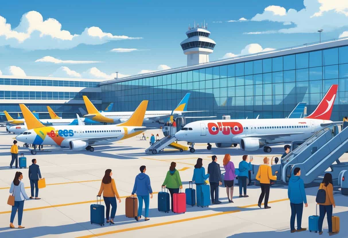 An airport terminal in Cincinnati with several colorful airplanes parked and passengers walking with luggage on a clear day.