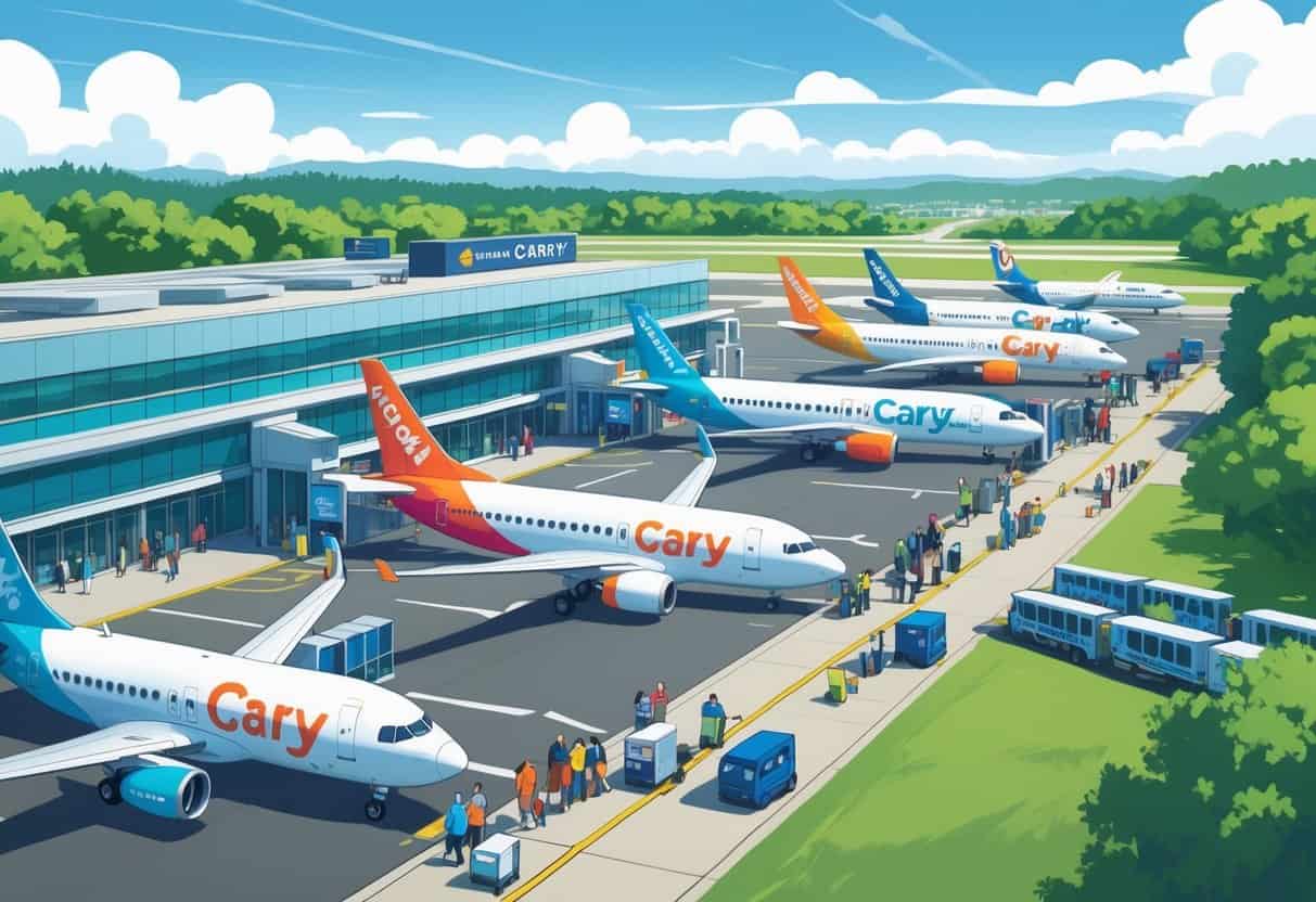 An airport scene in Cary, North Carolina with budget airline planes, travelers with luggage, and a modern terminal surrounded by trees.