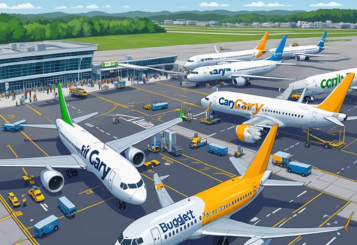 An airport in Cary, North Carolina with several budget airline airplanes at gates and passengers boarding and disembarking.
