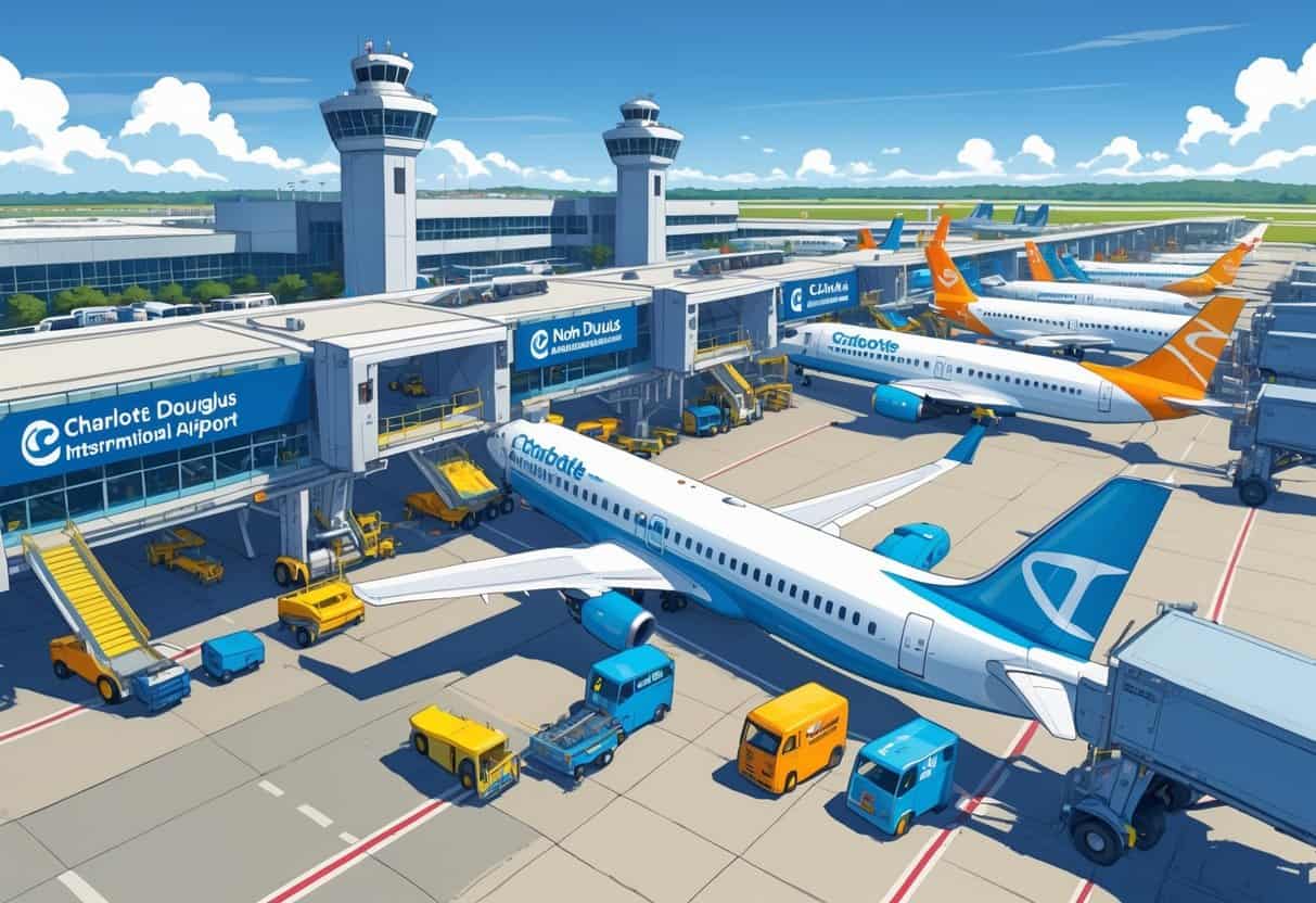 An airport scene in Charlotte, North Carolina, showing budget airline planes at gates with travelers and ground service vehicles around.