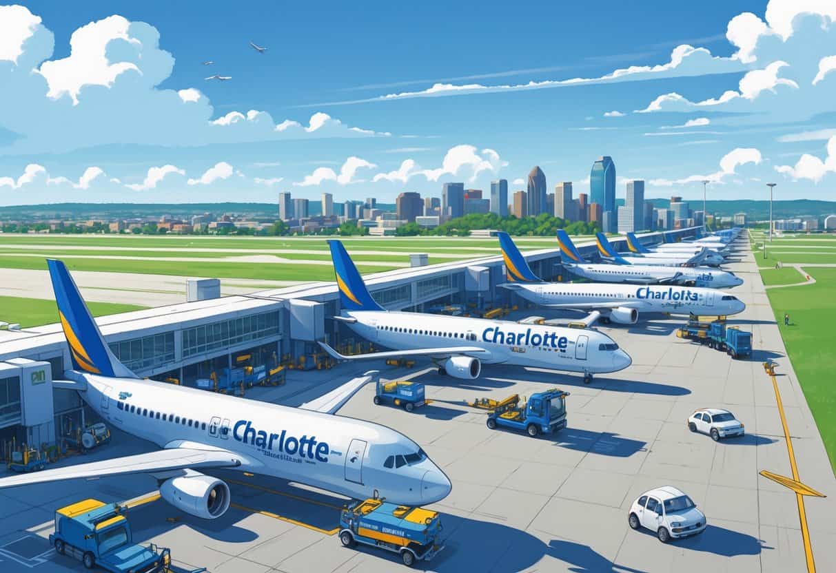 Airport scene showing several budget airline planes at gates with the Charlotte city skyline in the background.