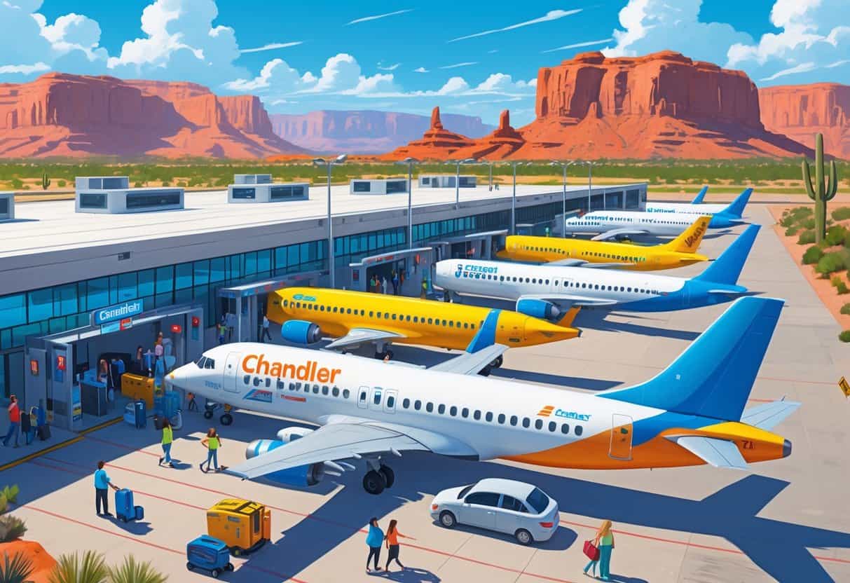 An airport in Chandler, Arizona with budget airplanes parked at gates, desert landscape with cacti and red rocks in the background, and passengers walking with luggage.