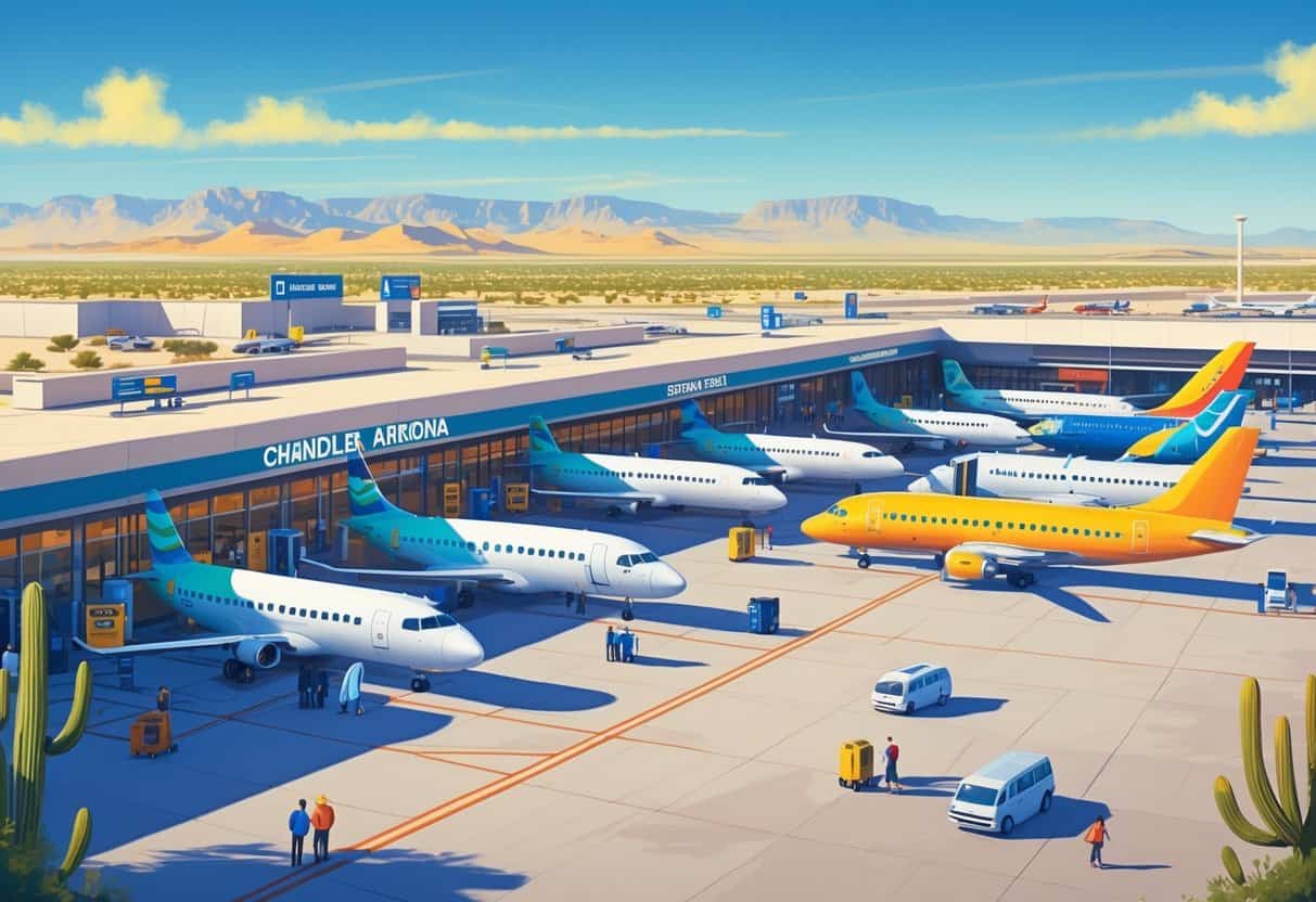 Airport terminal in Chandler, Arizona with several colorful budget airplanes parked at gates, desert landscape and mountains in the background, and travelers moving around the terminal.