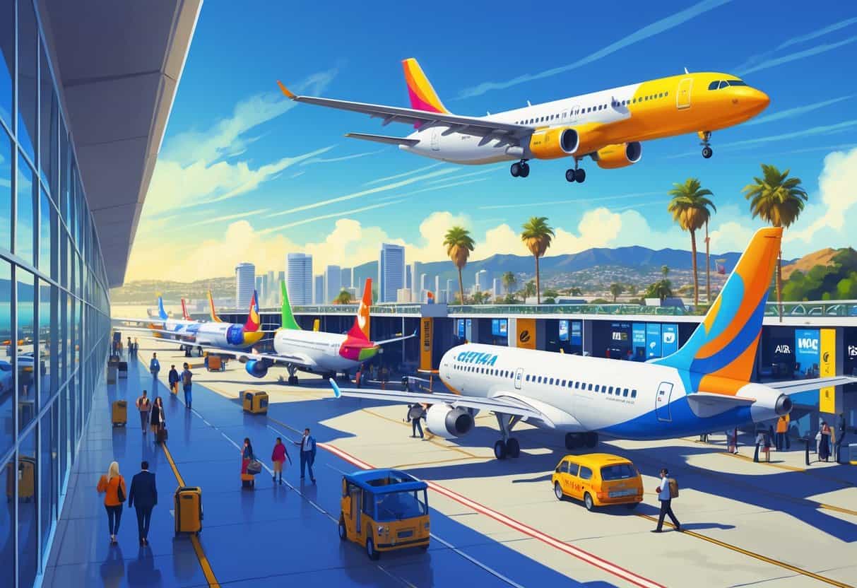 A busy airport near Chula Vista with several colorful budget airplanes parked at gates and passengers moving around the terminal under a clear sky.