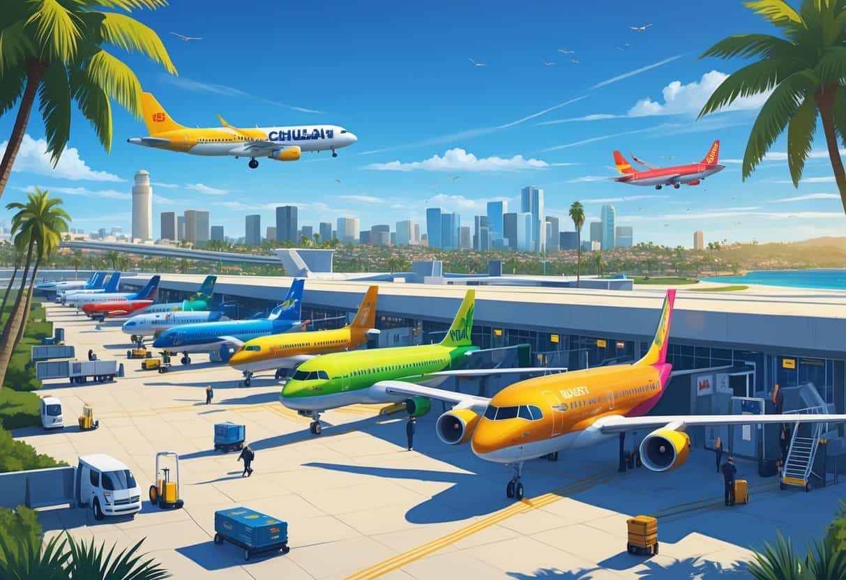 An airport terminal in Chula Vista, California, with several colorful airplanes on the tarmac and the city skyline in the background.
