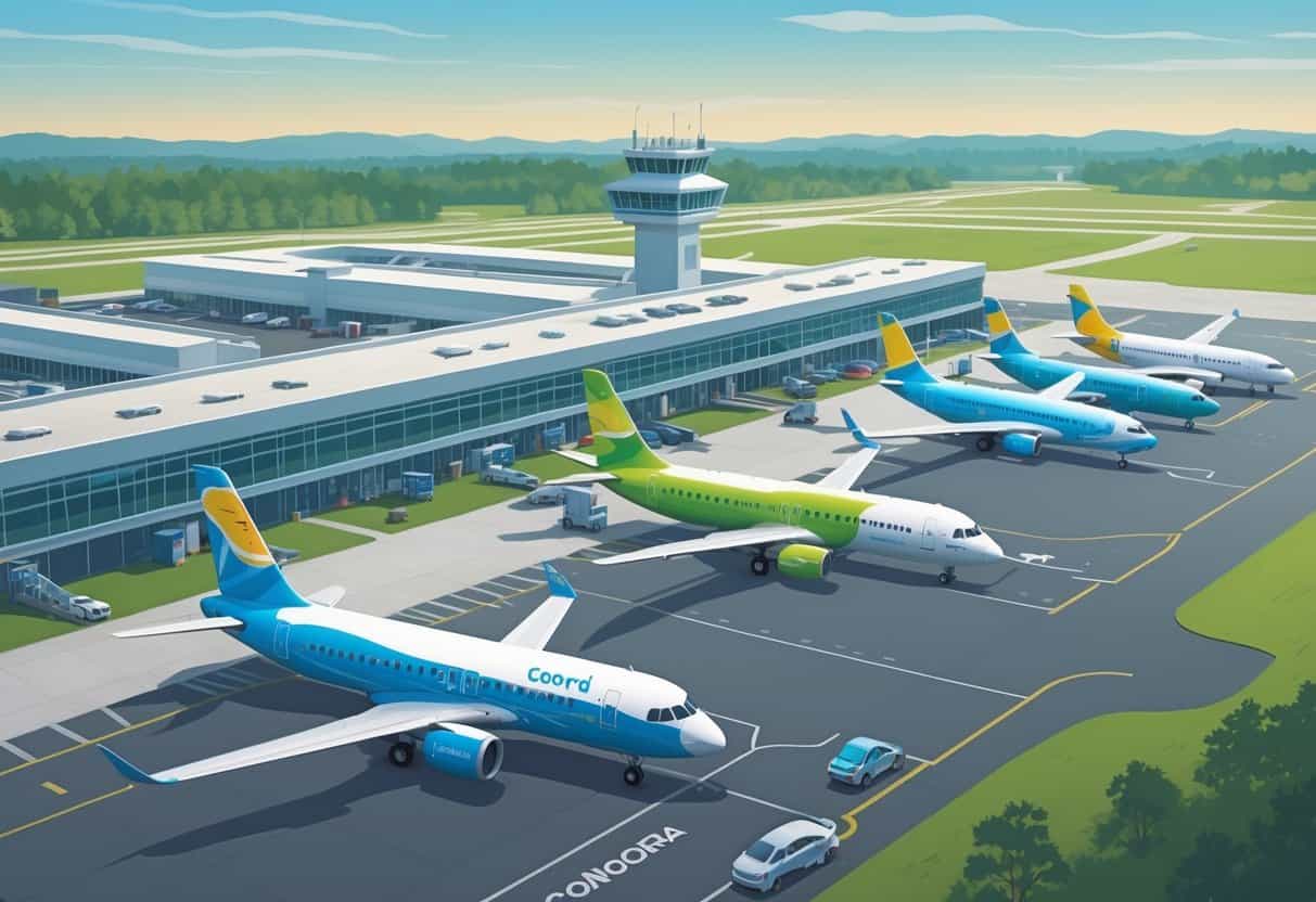 An airport scene in Concord, North Carolina, showing several budget airplanes at gates and taxiing, with a control tower and terminal buildings in the background.