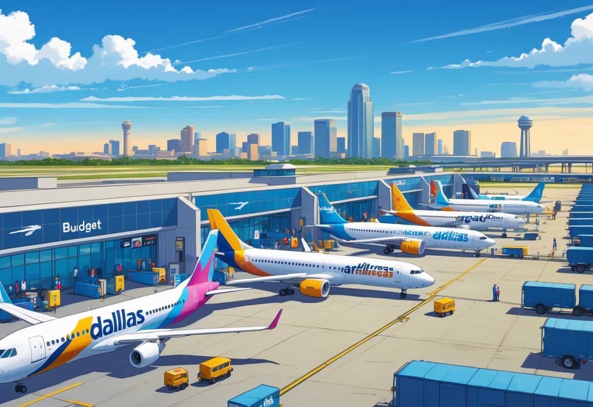 An airport scene in Dallas with budget airline planes parked at gates, travelers and staff around, and the Dallas skyline visible in the background.