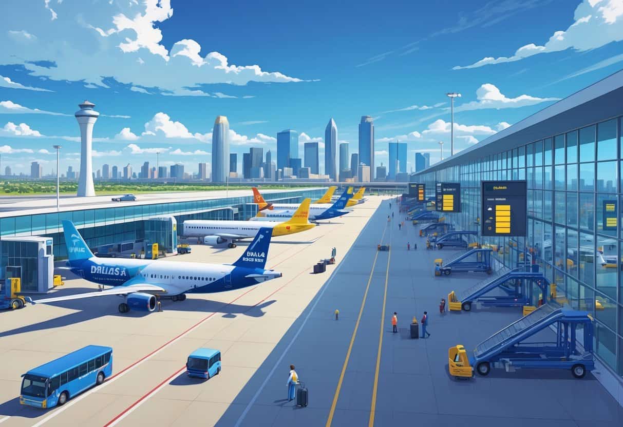 Airport scene showing budget airline planes at gates with Dallas skyline in the background and passengers walking near the terminal.