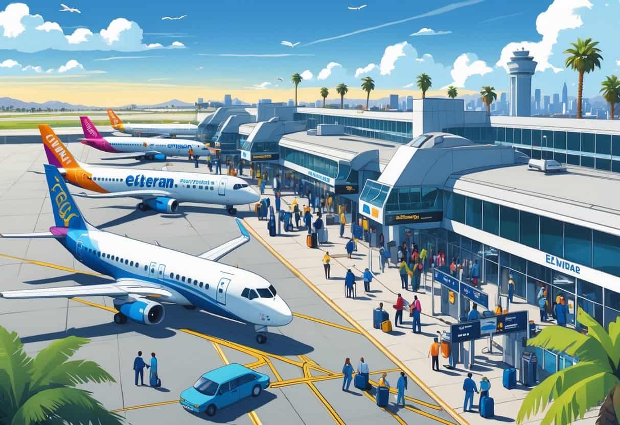 An airport scene in El Monte, California with budget airline planes, travelers, and staff near the terminal under a sunny sky with palm trees.