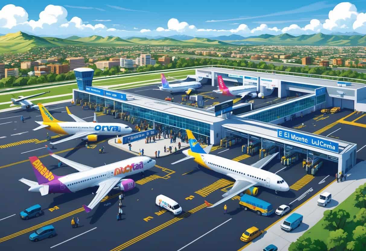 Aerial view of an airport in El Monte, California with several budget airline planes parked, passengers boarding, and the surrounding cityscape visible.