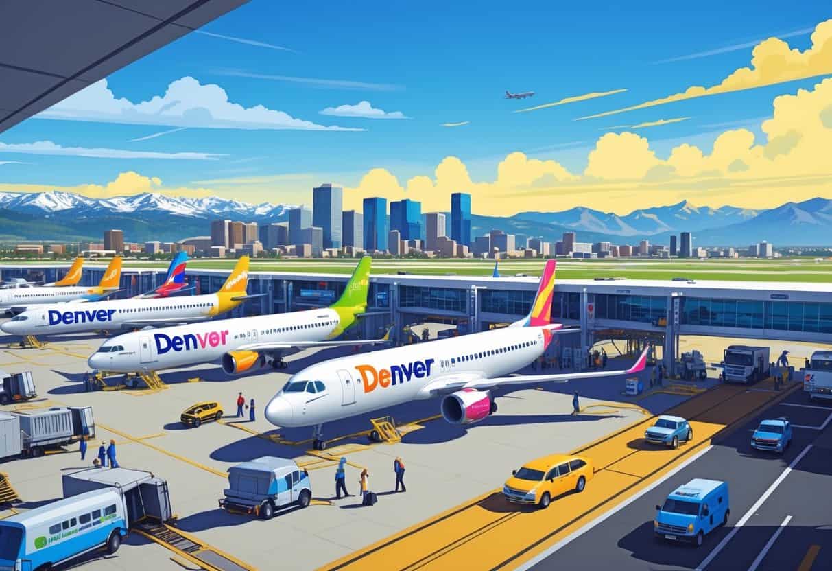 An airport scene in Denver with budget airplanes, travelers, staff, and the city skyline with mountains in the background.