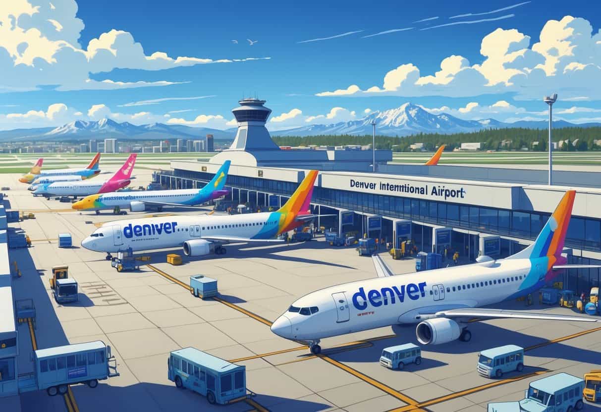 An airport scene at Denver International Airport with several colorful budget airline planes, ground vehicles, passengers, and mountains in the background.