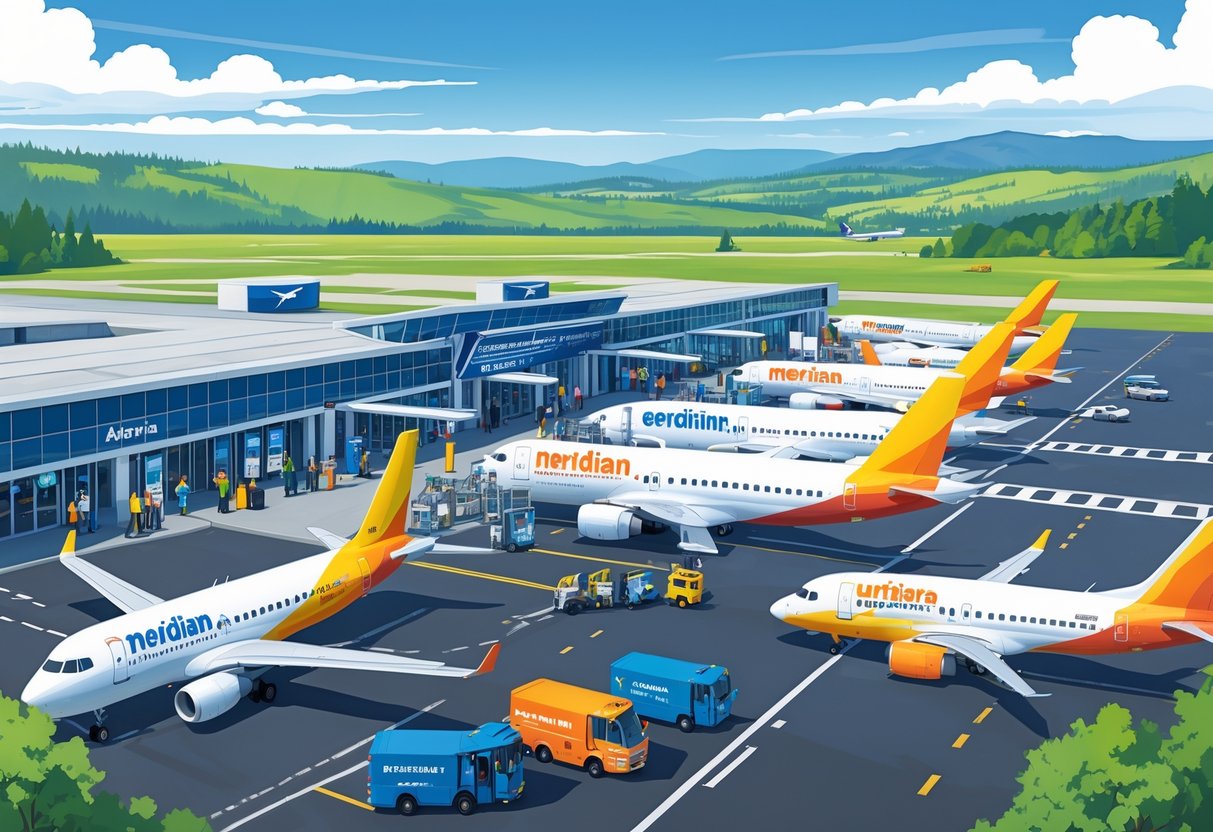 An airport in Meridian, Idaho with budget airline planes parked and taxiing, passengers boarding, and a terminal surrounded by hills and trees.