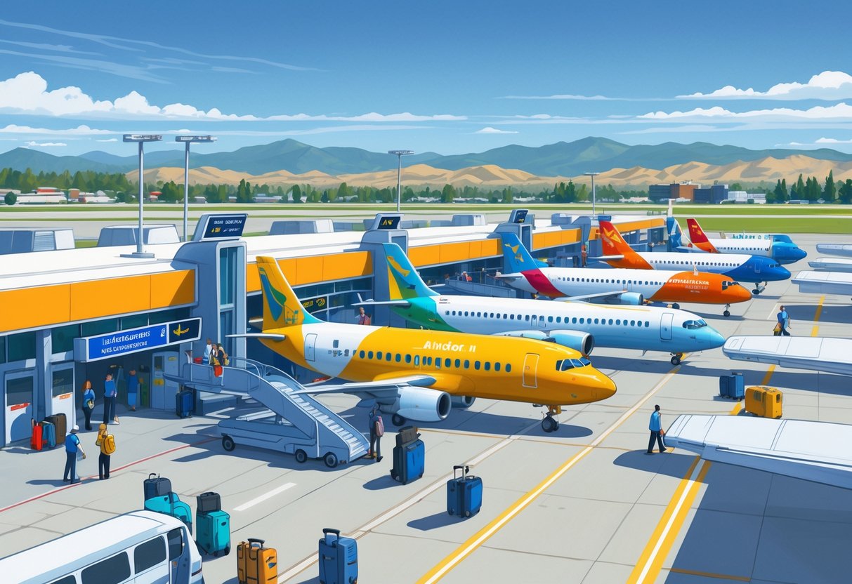 An airport scene in Meridian, Idaho showing budget airline planes at gates with passengers boarding and city buildings and mountains in the background.
