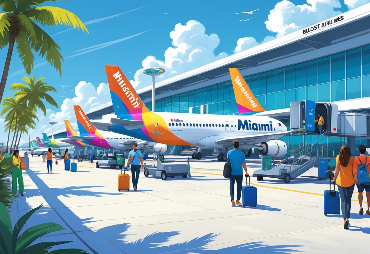 A busy Miami airport terminal with colorful budget airline planes parked at gates, passengers walking with luggage, and palm trees visible nearby under a clear blue sky.