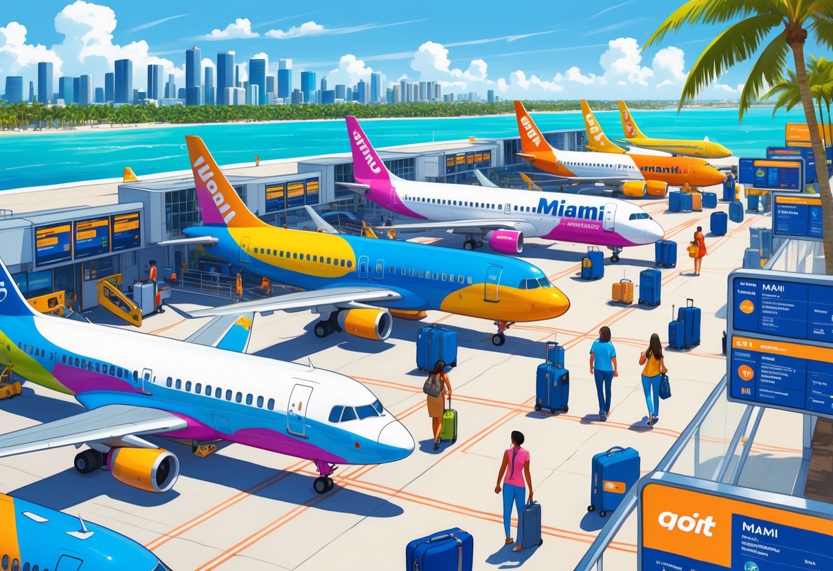 A busy Miami airport with colorful budget airplanes parked, travelers walking with luggage, palm trees, and a sunny city skyline in the background.