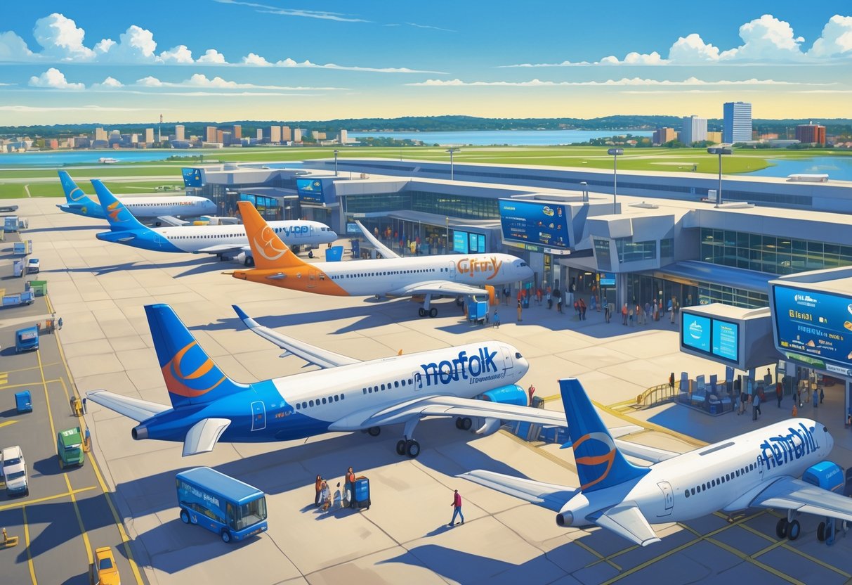 An airport scene showing budget airplanes parked at gates with travelers moving around and a city skyline in the background.