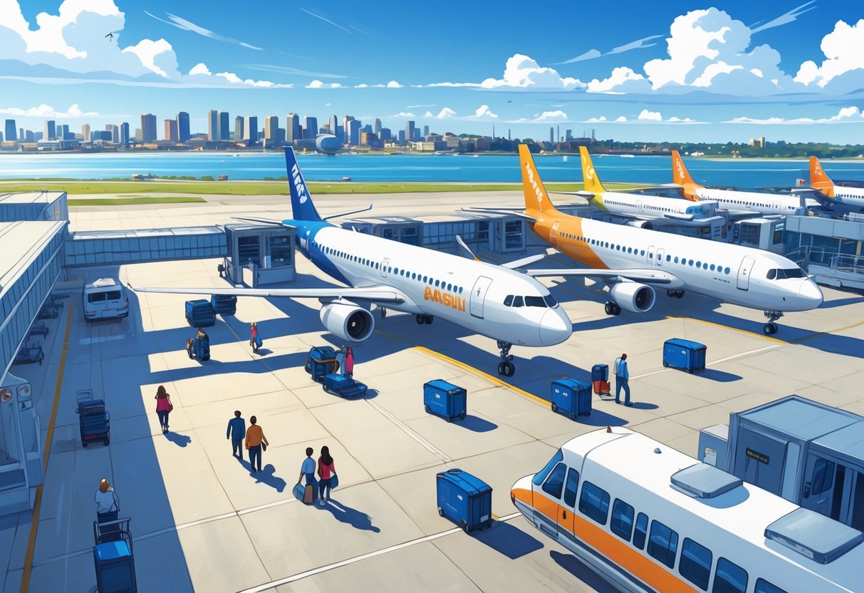 An airport scene in Norfolk, Virginia, showing several budget airplanes at gates with travelers and staff, and the city skyline with landmarks in the background.