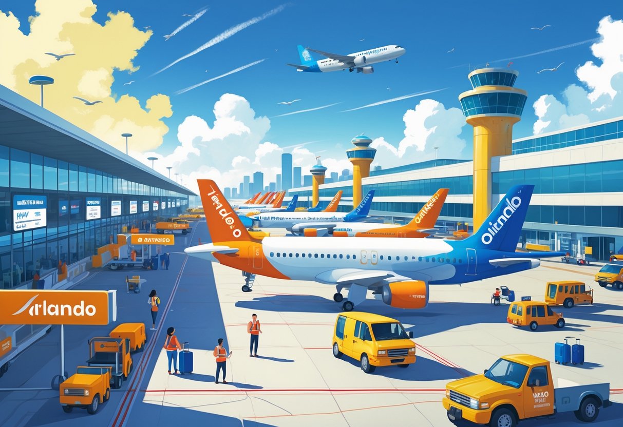 Airplanes from budget airlines parked at Orlando International Airport with passengers and airport staff around, set against a sunny sky and city skyline.
