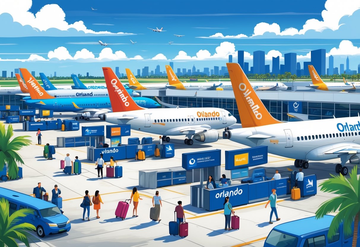 Busy airport terminal in Orlando with budget airline planes at gates and travelers moving through the terminal.