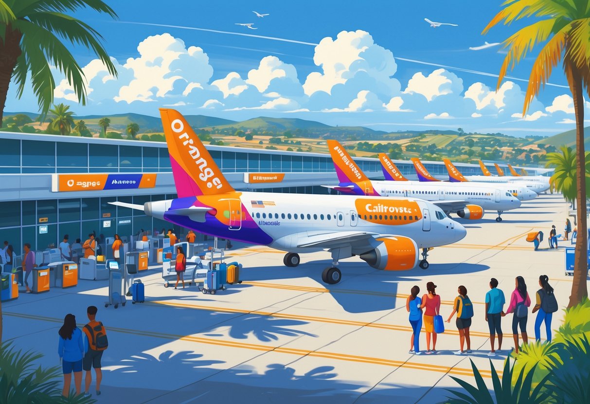An airport scene in Orange, California with budget airplanes parked on the tarmac, people boarding, palm trees, and hills in the background under a blue sky.