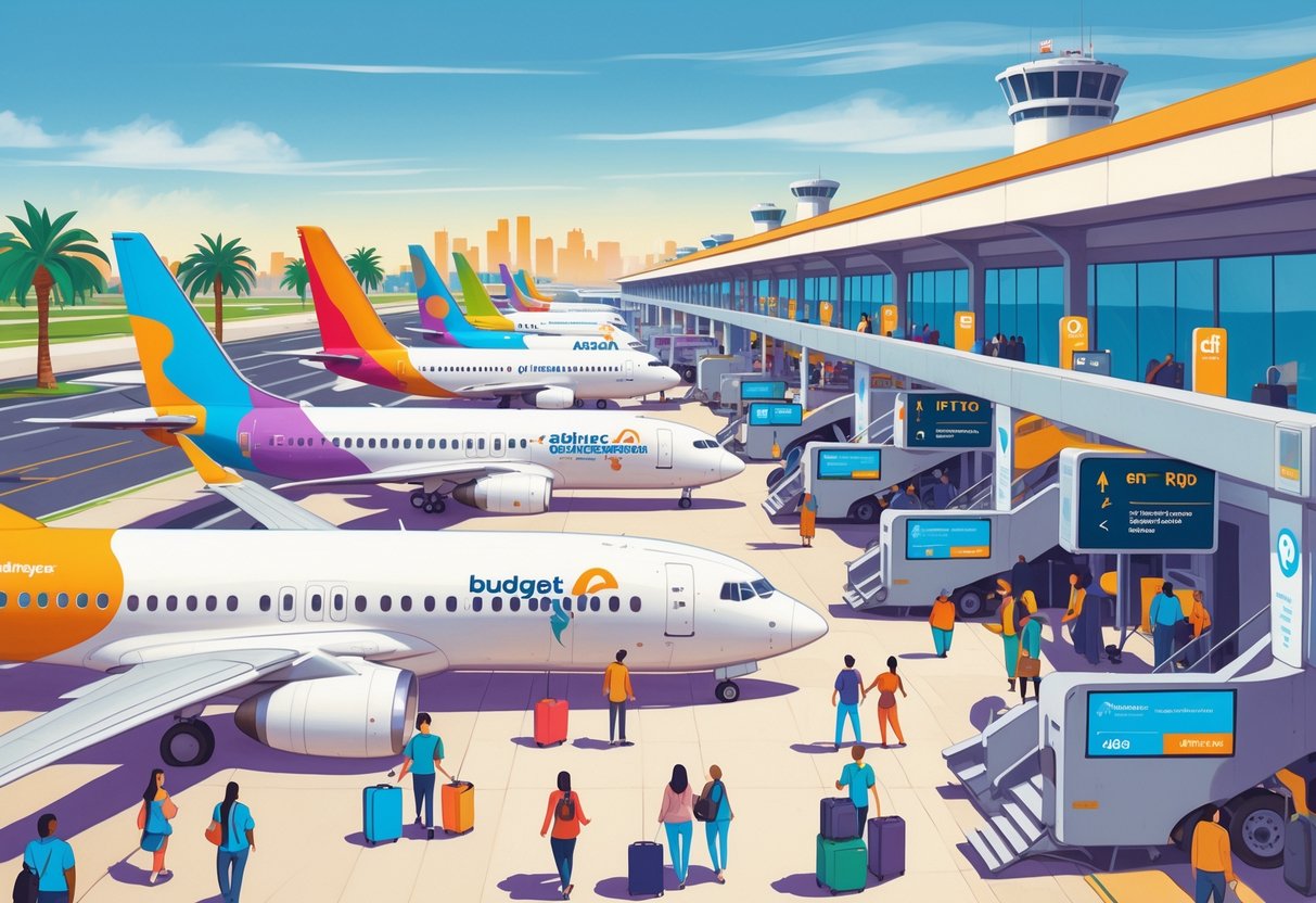 An airport scene in Orange, California showing budget airplanes at gates, travelers with luggage, and the city skyline with palm trees in the background.