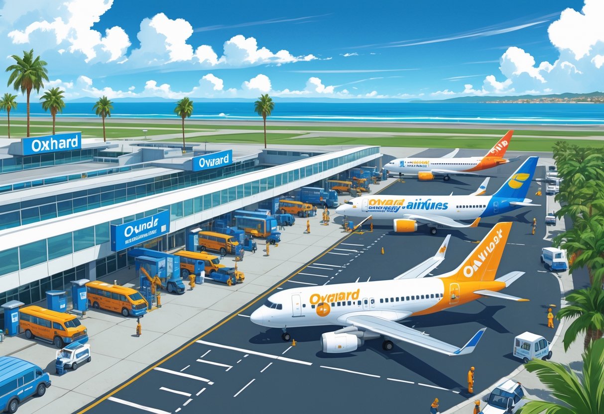 An airport in Oxnard, California with several budget airplanes parked and taxiing, surrounded by palm trees and a coastline under a blue sky.