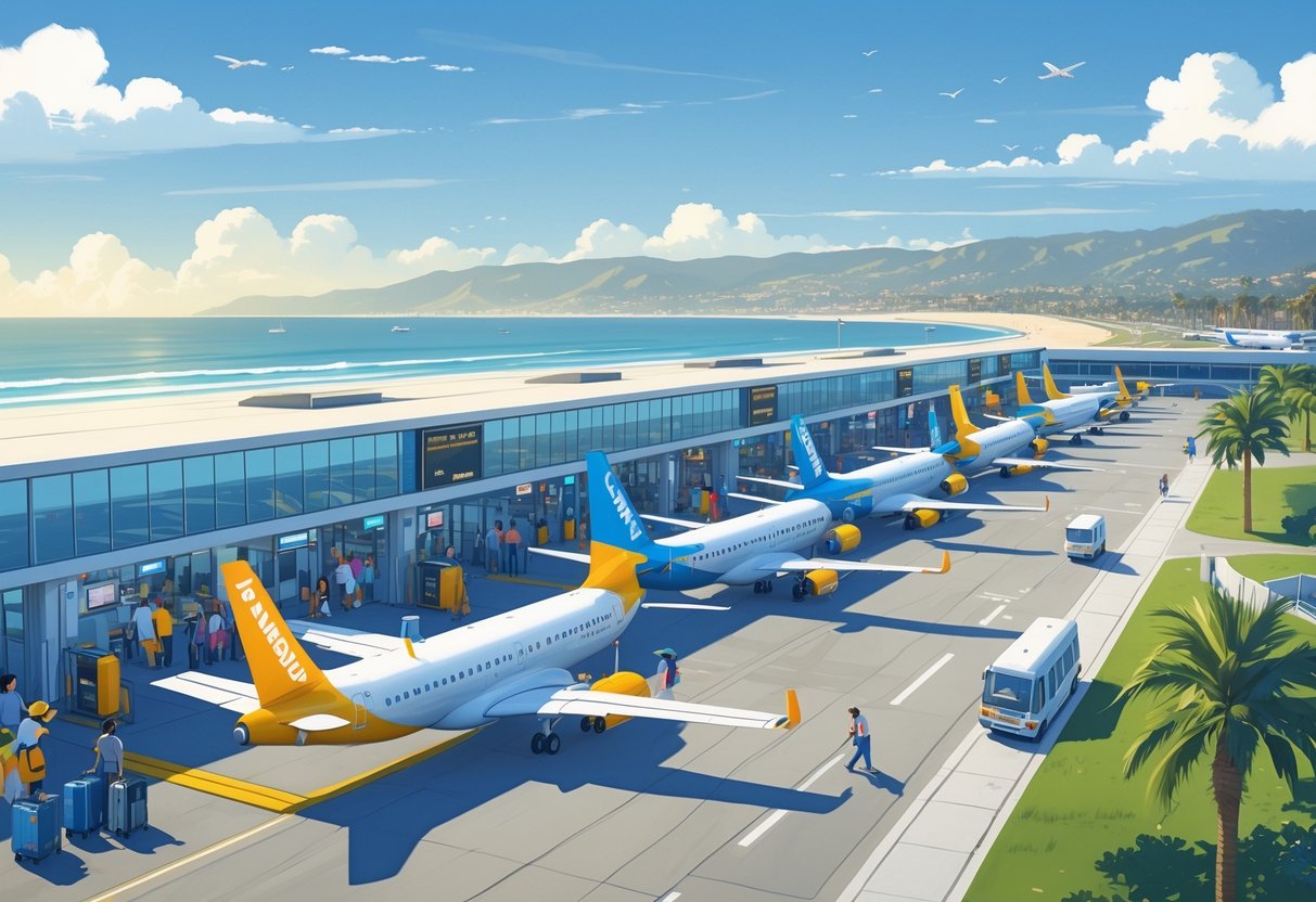 An airport scene in Oxnard, California, showing budget airplanes on the runway and travelers moving through a modern terminal near the coastline.