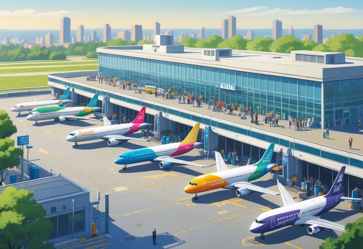 A small airport terminal in Paterson, New Jersey, with budget airplanes parked and passengers boarding, set against a cityscape background.