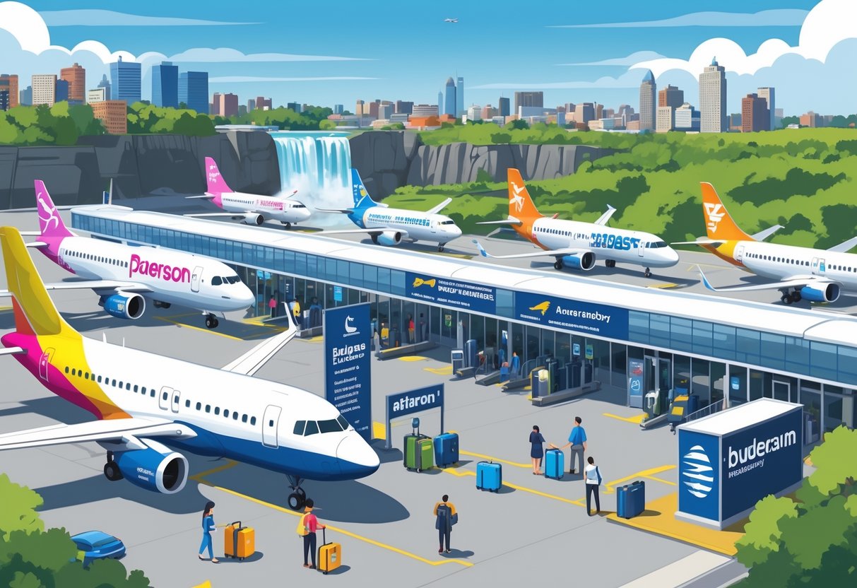 An airport scene in Paterson, New Jersey with budget airline planes at gates, travelers with luggage, airport staff, and the city skyline including a waterfall in the background.