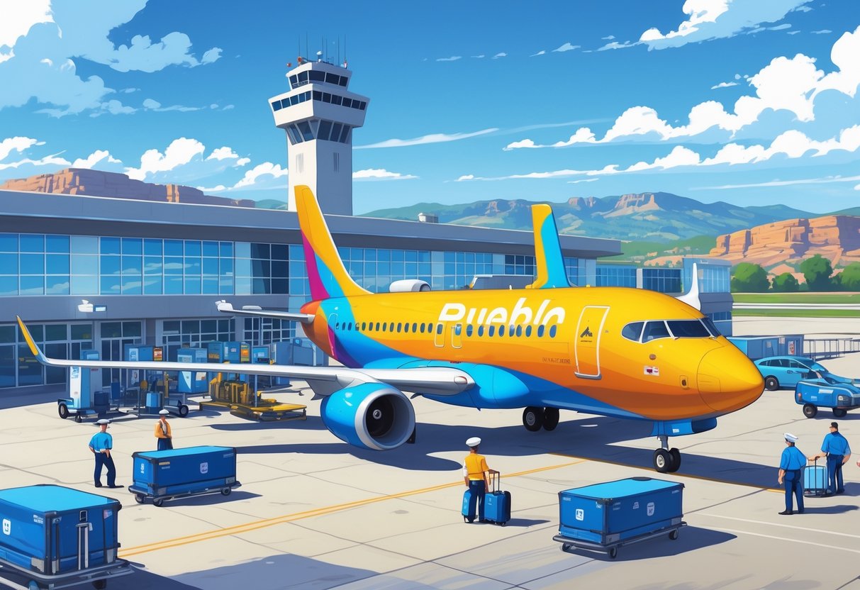 A busy small airport in Pueblo, Colorado with a budget airline airplane parked near the terminal, airport staff working around it, and mountains in the background.
