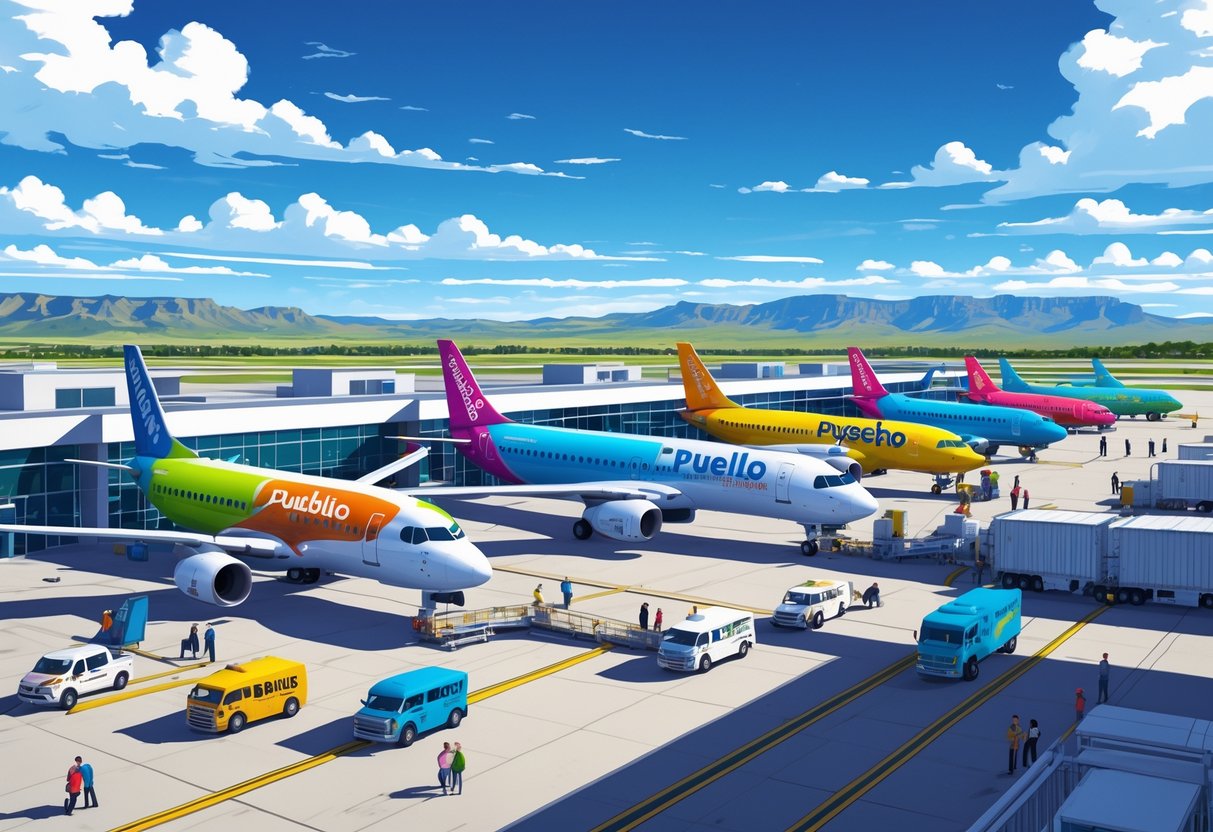 An airport scene in Pueblo, Colorado with budget airline planes parked at gates, passengers walking, ground vehicles servicing planes, and mountains in the background.