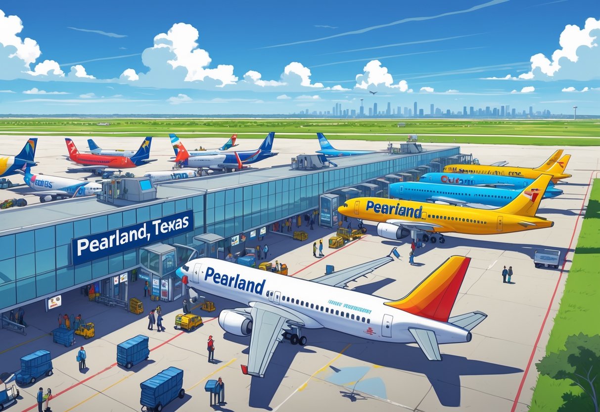 An airport scene in Pearland, Texas with budget airplanes parked at gates and people moving around the terminal.