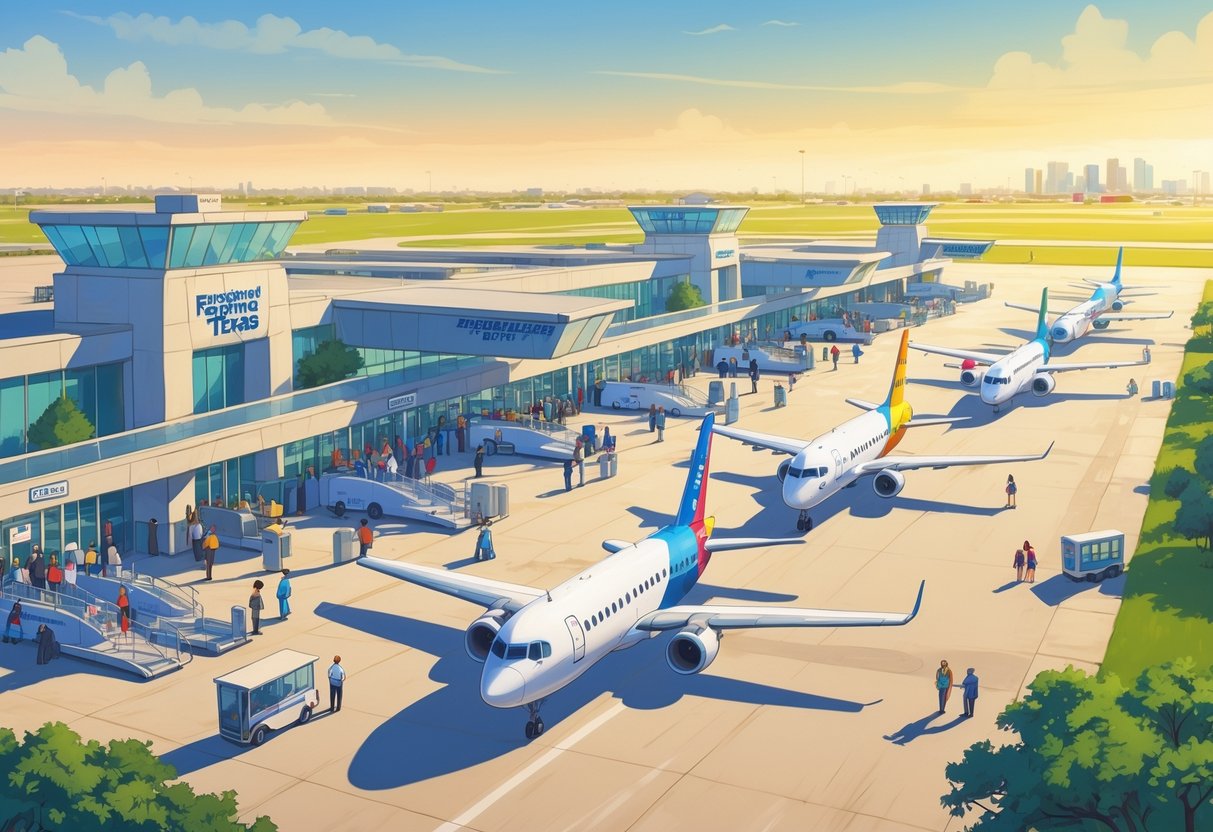 An airport scene in Pearland, Texas with budget airplanes parked and passengers boarding, showing a busy and welcoming travel environment.