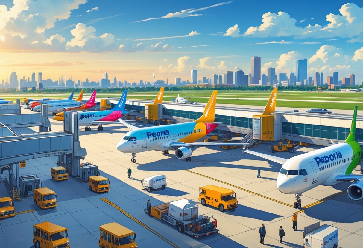 An airport scene in Peoria, Illinois, showing several colorful budget airline airplanes at gates with passengers and ground vehicles around, with the city skyline in the background.