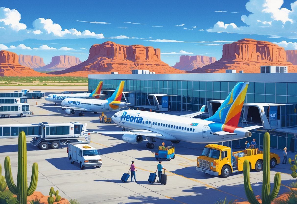An airport in Peoria, Arizona with budget airplanes parked near the terminal, desert landscape in the background, and passengers boarding planes.