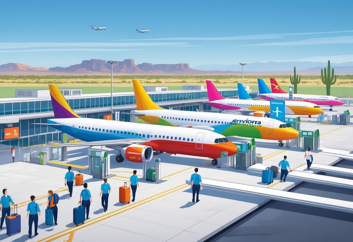 An airport terminal in Peoria, Arizona with budget airplanes parked at gates, travelers walking with luggage, and desert mountains in the background.