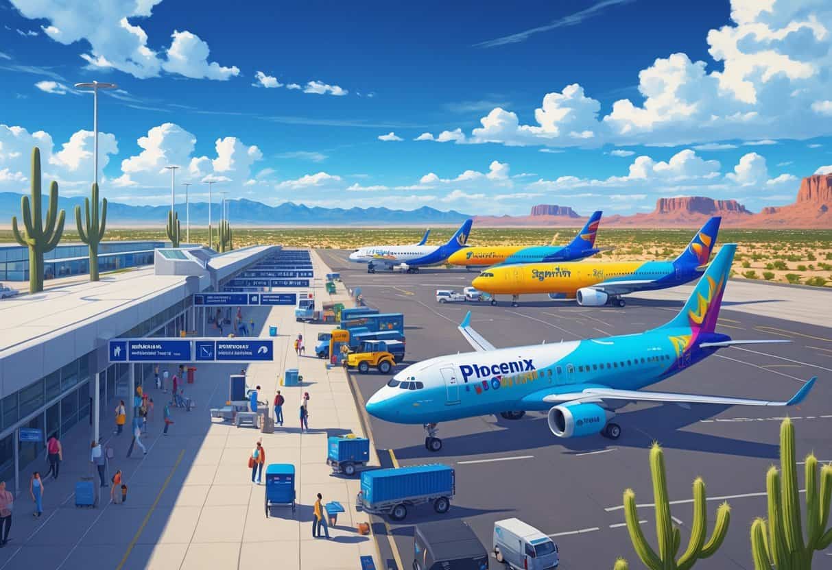 Airport scene in Phoenix with budget airplanes at gates, passengers walking, desert cacti, and mountains in the background.