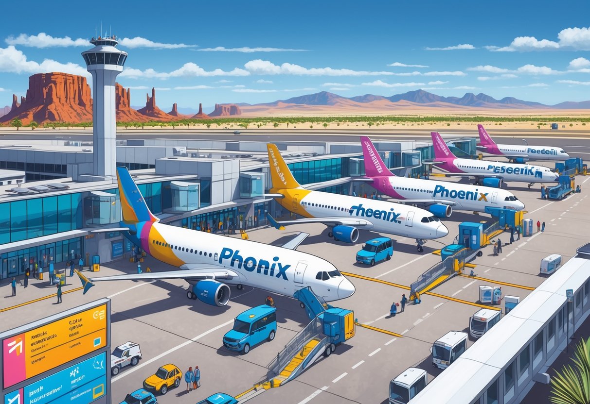 Airport terminal in Phoenix with budget airline planes parked at gates, passengers boarding, desert landscape with cacti and mountains in the background.