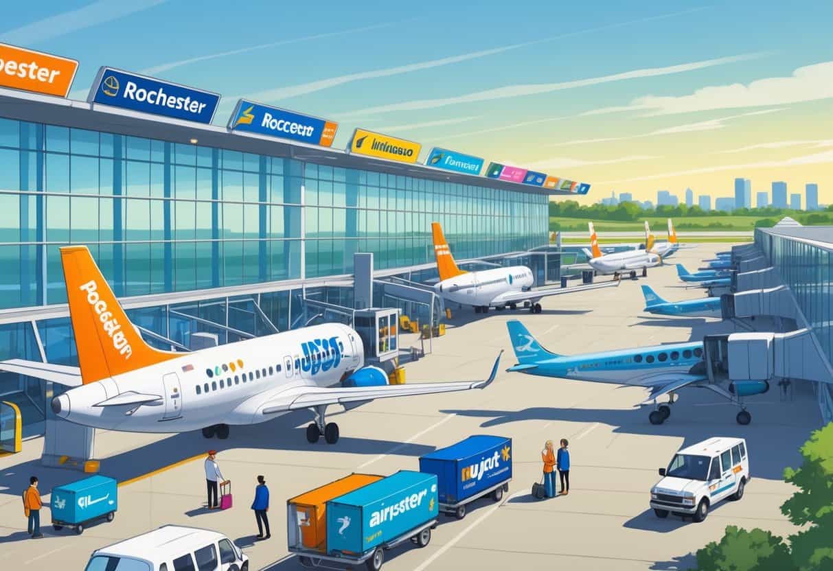 An airport scene in Rochester, Minnesota with budget airline airplanes parked at gates, travelers with luggage, airport staff, and service vehicles under a clear sky.