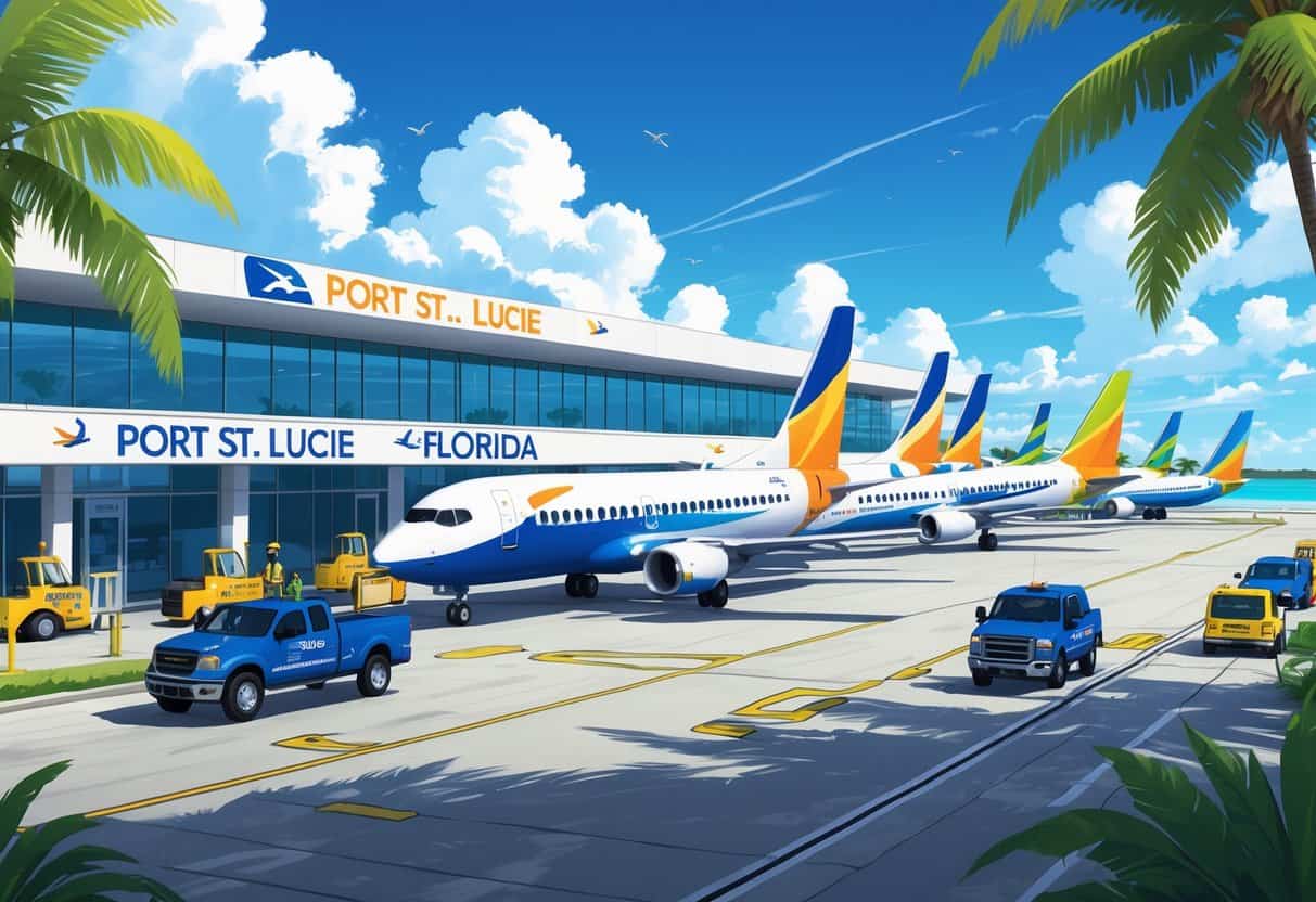 An airport in Port St. Lucie, Florida with budget airplanes on the runway, palm trees, and a sunny coastal background.