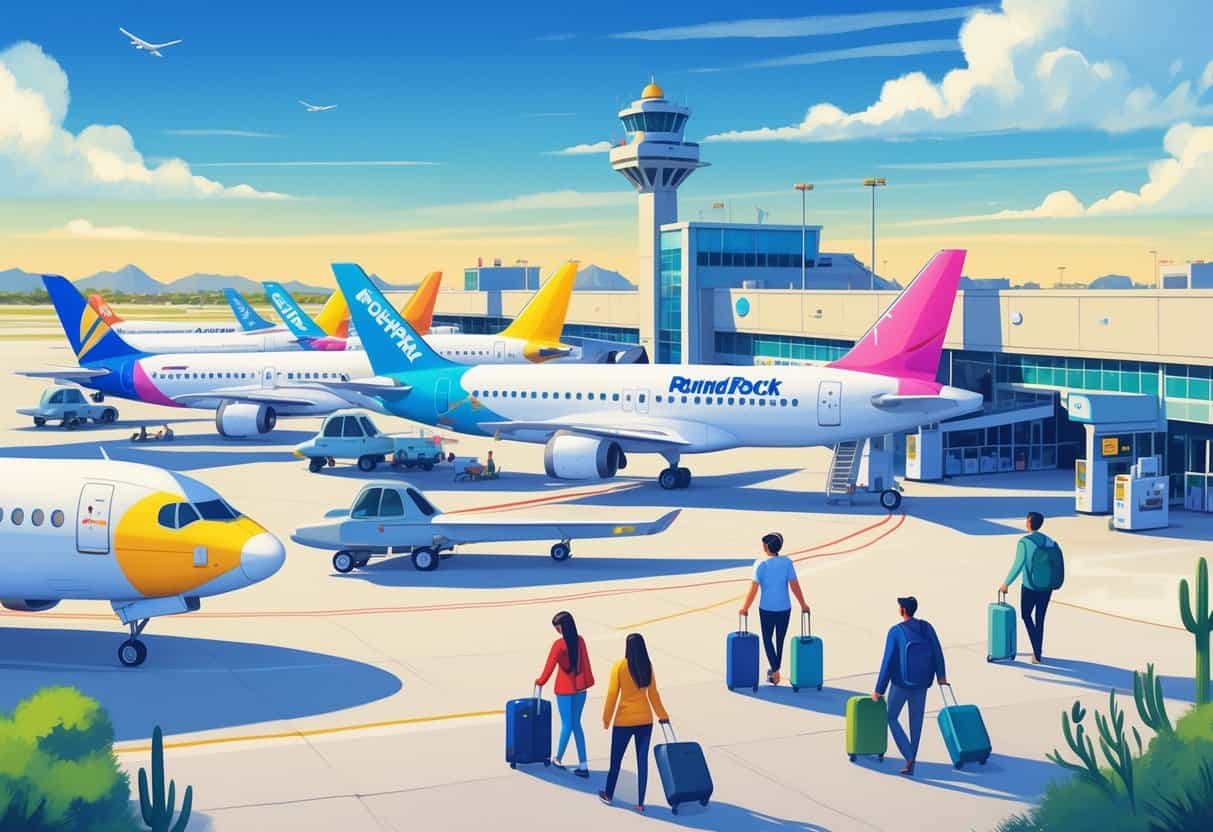 An airport scene in Round Rock, Texas, showing budget airline airplanes on the tarmac with travelers nearby and a clear sky above.