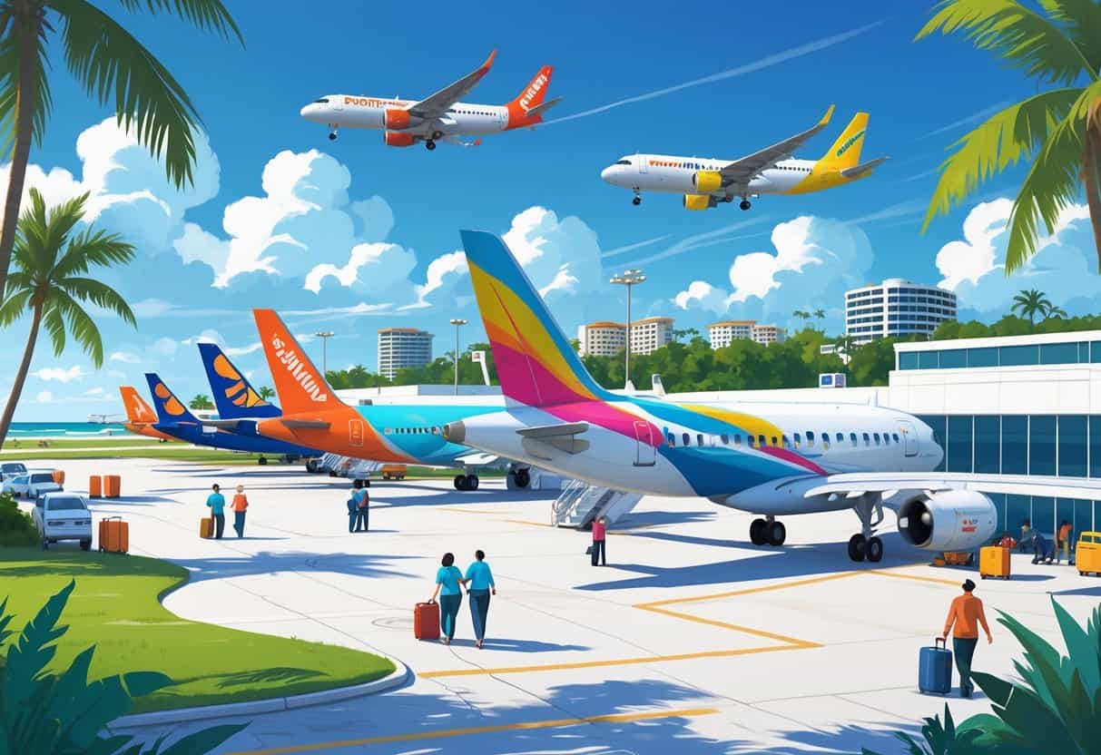 An airport near the coast with several colorful budget airplanes, travelers with luggage, and airport staff, set against a cityscape with palm trees and clear skies.