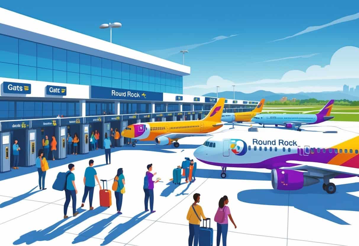 An airport scene in Round Rock, Texas with budget airline planes parked at gates and passengers boarding.