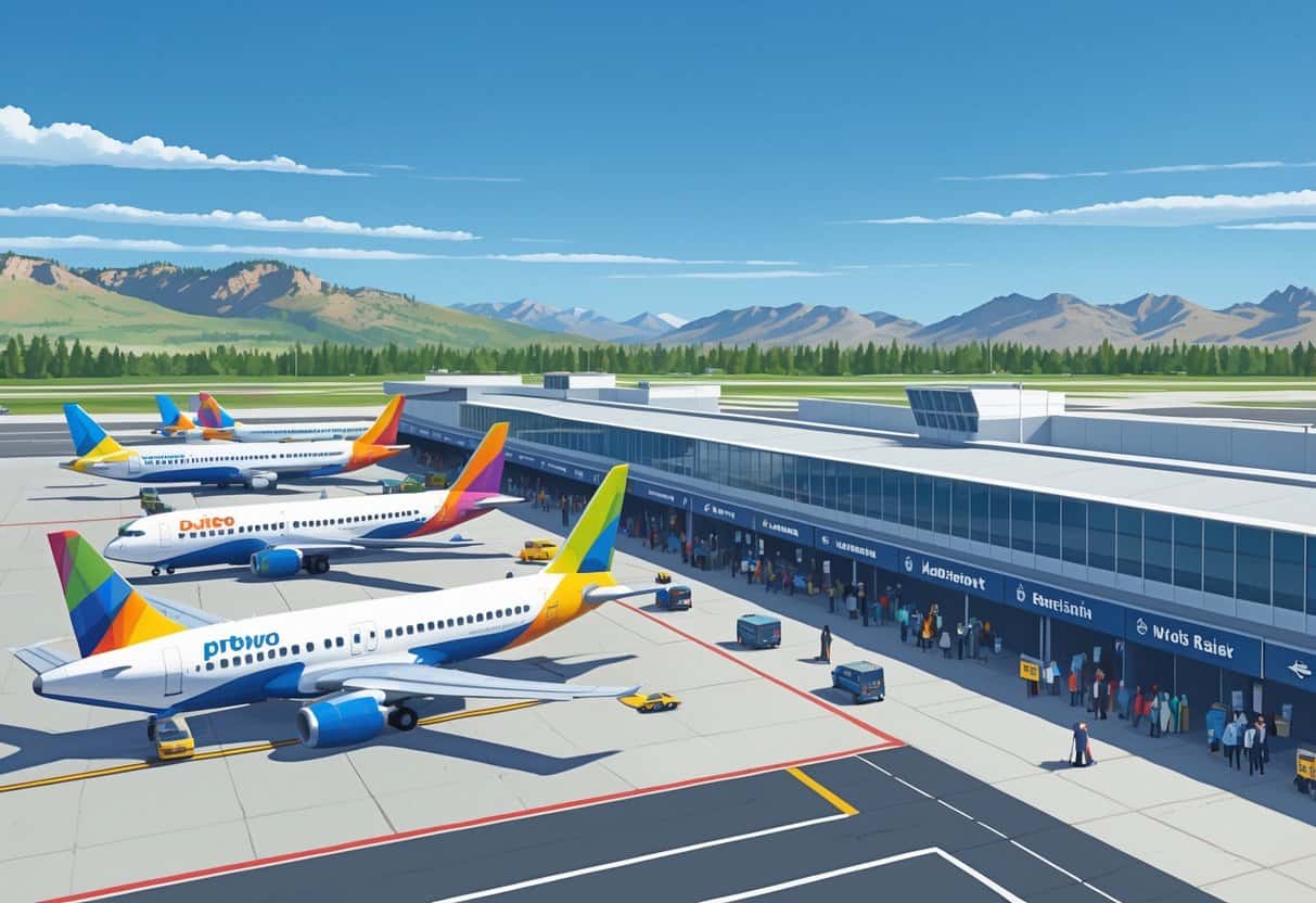 An airport scene in Provo, Utah, showing budget airline airplanes at gates and a mountainous background with travelers and airport staff.
