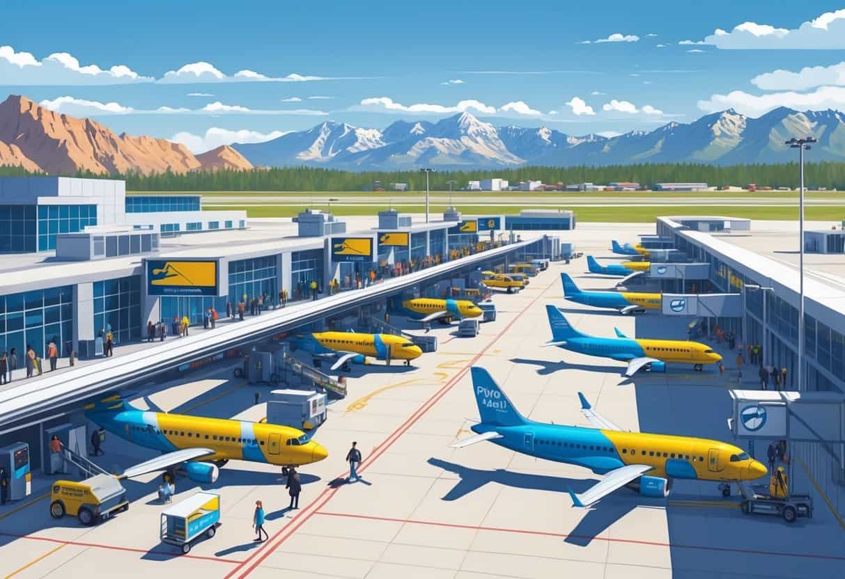 Provo Airport with several budget airline planes parked at gates, passengers boarding, ground vehicles servicing planes, and mountains in the background.