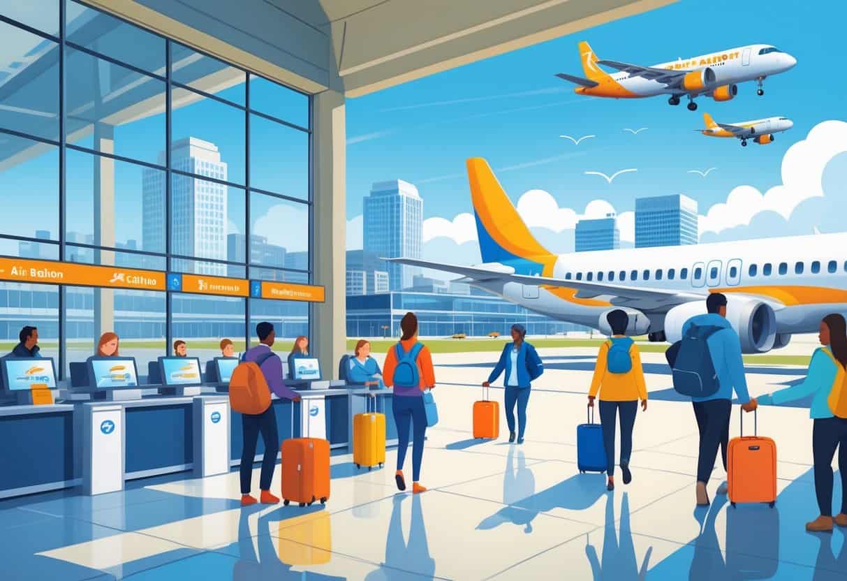 Airport terminal in Raleigh, North Carolina with budget airplanes on the tarmac and travelers moving through the terminal near boarding gates.